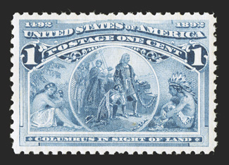 230, 1c Columbian, excellent centering within large margins, bright color and paper, pristine o.g., n.h., extremely fine 2010 PSE certificate (XF-Superb 95 SMQ
$290.00).
