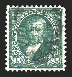 263, $5.00 Dark green, lovely color that is especially strong and rich, highly detailed impression on fresh white paper, light black cancel as well as a trace of a blue cancel
which is most uncommon on this high value, very fine 2010 PF certifi