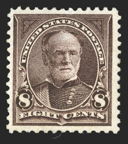 272a, 8c Violet brown, watermarked USIR in error, with a clear portion of R showing, very well centered amid unusually large margins, outstanding rich color and a strong
impression, o.g., lightly hinged, current certificate mentions a tiny