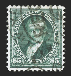 278, $5.00 Dark green, desirable used example that is exceedingly well centered and margined, rich color and a well defined impression, New York oval registry cancel, extremely
fine 2000 PF certificate and a 2005 PSE certificate (XF 90 SMQ $1,