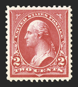 279Bf, 2c Carmine, Ty. IV, an eye-arresting mint single that possesses a striking overall brilliance, with dazzling bright color and a truly vivid impression on fresh paper,
plus it is impeccably well centered within large margins all around, un