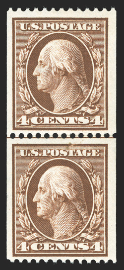 350, 4c Orange brown coil, perf. 12 horiz., scarce guide line pair, exceedingly fresh, well centered within wide margins, o.g., n.h., bottom stamp with small inking flaw at
top, otherwise very fine clear 1988 PF certificate and a 2010 PF certif