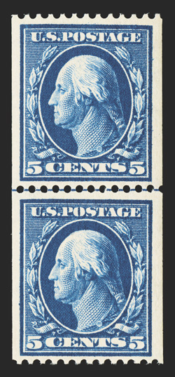351, 5c Blue coil, perf. 12 horiz., scarce guide line pair, deep color, well centered within wide margins, o.g., n.h., choice very fine 2004 PF certificate and a 2008 PF
certificate (VF 80).