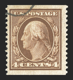 354, 4c Orange brown coil, perf. 12 vert., used, uncommonly large margins and nicely centered amid then, sumptuously rich color on clean paper, very lightly cancelled by a
portion of a double oval postmark confined to the top left corner, very f
