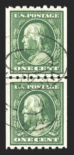 390, 1c Green coil, perf. 8½ horiz., an elusive used guide line pair, exceptionally well centered within wide margins, deeply rich color, light oval cancels, extremely fine
2010 PF certificate.