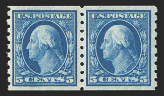396, 5c Blue coil, perf. 8½ vert., fresh mint pair, well centered, deep rich color, o.g., n.h., choice very fine.
