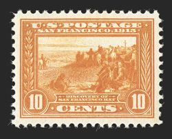 400A, 10c Panama-Pacific, orange, a marvelous mint single in a quality that would be hard to improve upon, impeccably well centered within large margins, outstanding vivid
color in an unusually brilliant shade, pristine o.g., n.h., an extremely