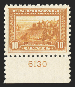 404, 10c Panama-Pacific, perf. 10, a most attractive bottom margin plate no. 6130 single of this popular commemorative, exceedingly well centered and margined, strong color and
impression, flawless o.g., n.h., extremely fine 2007 PSE certificat