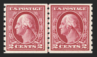 413, 2c Carmine coil, Ty. I, perf. 8½ vert., guide line pair, intense color on fresh paper, o.g., n.h., very fine 1989 PF certificate for the strip of four from which this was
taken.