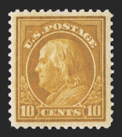 416a, 10c Brown yellow, an extraordinary choice mint example of this rare and terribly difficult color variety, being incredibly well centered within exceptionally large
margins, which is quite uncharacteristic of this stamp, as most are found r