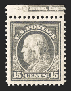 418, 15c Gray, an incredible quality top margin partial imprint single, being in the finest attainable condition, with absolutely perfect centering within enormously large
margins all around, strong rich color and a highly detailed impressio