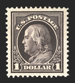 423, $1.00 Violet brown, excellent centering within lavishly large margins, deeply rich color and a superbly detailed impression, o.g., lightly hinged, extremely fine 2010 PSE
certificate (XF 90 Jumbo SMQ $600.00 for 90 and $1,050.00 for 95).