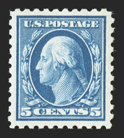 428, 5c Blue, a marvelously choice mint example, beautifully centered within uncharacteristically large margins all around, brilliantly rich color, pristine o.g., n.h., an
extremely fine gem 1990 PF certificate and a 2010 PSE certificate (Super
