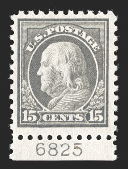 437, 15c Gray, bottom margin plate no. 6825 single, well centered within uncommonly large margins, lovely rich color on fresh white paper, o.g., n.h., very fine 1999 PF
certificate.