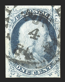 7 var., 1c Blue, Ty. II, the so-called Big Crack variety, position 2L2, an exceptional example of this striking plate crack which runs the entire length (vertically) of the
stamp at right, four ample to mostly very large margins, deep rich col