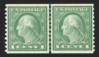 452, 1c Green rotary coil, perf. 10 vert., select joint line pair, exceptionally well centered, strong color, o.g., n.h., extremely fine 2010 PSE certificate (XF-Superb 95 SMQ
$480.00).