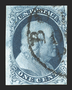 7 var., 1c Blue, Ty. II, the so-called Big Crack variety, position 12L2, displaying the continuation of the crack vertically at top right, mostly ample (just barely touched) to
large margins all around, intense color and impression, neat porti