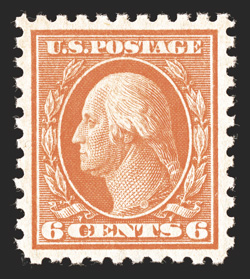 468, 6c Red orange, gorgeous mint example, featuring absolutely radiant color and a crisp impression, exceedingly well centered within uncharacteristically large margins for
this all around, o.g., n.h., extremely fine a pristine gem 2000 PF ce