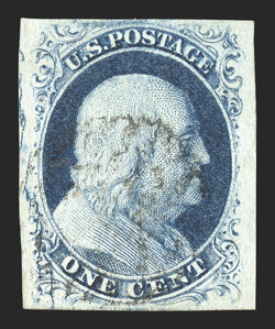 7 var., 1c Blue, Ty. II, the so-called Big Crack variety, position 13L2, a superb appearing example of this position showing a huge plate crack continuation at bottom left,
featuring four lavishly large and wonderfully balanced margins, strong