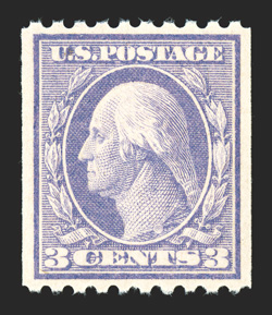 489, 3c Violet coil, perf. 10 horiz., a superlative mint single, being perfectly centered within wide margins, fresh color, pristine o.g., never hinged, a superb gem for the
most demanding collector 2007 PSE certificate (Gem 100 SMQ $225.00 fo