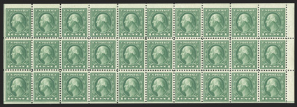 498f, 1c Green A.E.F. booklet pane of thirty, pos. W6 showing guide lines at left and bottom, nicely centered overall and well margined, wonderfully fresh and intact, pristine
o.g., n.h., very fine 1995 PF certificate.