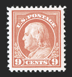 509, 9c Salmon red, an extraordinary quality mint single that is impeccably well centered amid extravagantly large margins, marvelously bright and fresh, immaculate o.g., n.h.,
extremely fine a truly gem stamp for the most fastidious collector