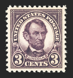 555, 3c Violet, extraordinarily well centered within large margins, deep intense color and impression, pristine o.g., n.h., extremely fine actually a difficult value to find in
this gem quality 2004 PSE certificate (Superb 98 SMQ $700.00) on