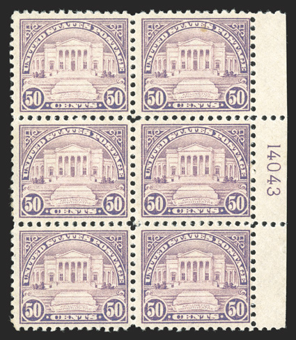 570, 50c Lilac, right margin plate no. 14043 block of six, bright and fresh, o.g., very lightly hinged, modified selvage, otherwise fine-very fine.
