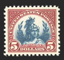 573, $5.00 Carmine and blue, a gem mint example of this exceedingly popular stamp, possessing impeccably balanced margins all around, gorgeous vibrant colors on immaculate
white paper, o.g., n.h., extremely fine 2005 PSE certificate (Superb 98