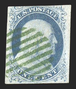 7, 1c Blue, Ty. II, position 44R2, a most attractive used example neatly cancelled by a rare unmistakably green open grid postmark, the most elusive of the colored cancels found
on the 1851 issues, three very large margins, fourth at top jus