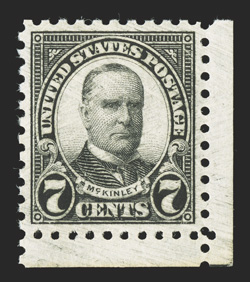 588, 7c Black, a striking bottom right corner margin single, being wonderfully well centered and margined, plus deep color and a sharp detailed impression, pristine o.g., n.h.,
an extremely fine gem 1991 PF certificate and a 2010 PSE certificat