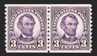 600, 3c Violet coil, perf. 10 vert., a gem mint pair, remarkably well centered and margined, deep luxuriant color and a superbly detailed impression, o.g., n.h., extremely fine
2007 PSE certificate (Superb 98 SMQ $300.00) only one pair grades