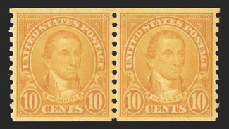 603, 10c Orange coil, perf. 10 vert., mint pair, intense radiant color, exceedingly well centered and margined, o.g., n.h., extremely fine gem 2007 PSE certificate (Superb 98
SMQ $275.00) only one pair grades higher.