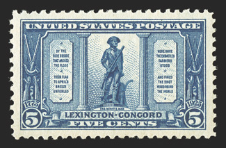 617-19, 1c-5c Lexington-Concord cplt., each stamp is extraordinarily well centered and margined, vibrant colors, o.g., n.h., extremely fine a handsome and well matched set each
accompanied by a 2004 or 2005 PSE certificate grading Superb 98 (S