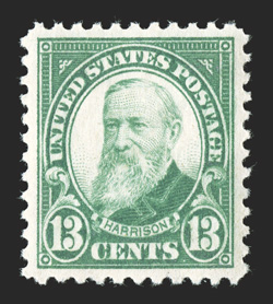 622, 13c Green, an essentially perfect mint single, being flawlessly centered amid uncommonly large margins, brilliantly rich color, unblemished o.g., n.h., superb 2007 PSE
certificate (Gem 100 SMQ $250.00 for a 98) one of only five examp