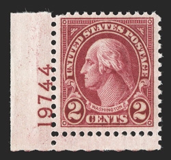 634A, 2c Carmine, Ty. II, bottom left corner margin plate no. 19744 single, wonderfully well centered within lavishly large margins which are most uncharacteristic of this,
intense color on fresh paper, o.g., n.h., extremely fine 1991 PF certif
