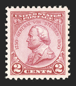 689, 2c Von Steuben, perfect centering within uncharacteristically large margins, lovely bright color, o.g., n.h., superb 2010 PSE certificate (Gem 100 SMQ $120.00 for 98) one
of only three copies to reach the Gem 100 mark (one of which i