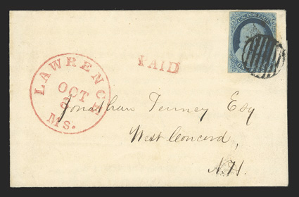 7, 1c Blue, Ty. II, position 17L1E, a fine single in the very rare and distinctive Dark blue shade that was in use for only a short time before the plate was altered in the
Spring of 1852, tied to an immaculate 1851 (August 8th) printed circ