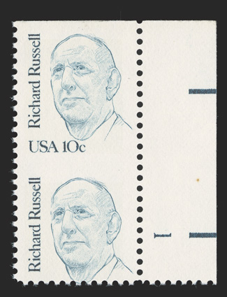 1853b, 10c Richard Russell, imperforate between, right sheet-margin vertical pair, with the customary natural s.e. at top and a portion of the design and denomination missing
at bottom as usual, o.g., n.h., very fine for this quite scarce as at