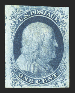 7, 1c Blue, Ty. II, position 89R2, major double transfer variety, an incredibly choice unused example of this position, which produced the most significant double transfer found
on the entire plate, in addition to being considered the most