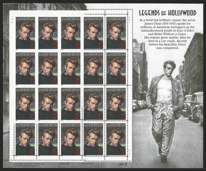 3082a, 32c James Dean, imperforate, partially imperforate pane of fifteen containing three imperforate pairs at upper left, o.g., n.h., extremely fine.