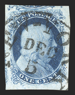 7, 1c Blue, Ty. II, position 100R2, the only position on plate 2 that produced both Ty. II and Ty. IIIa stamps, in the early state of the position, such as this stamp shows, the
line at bottom being complete, before the plate wore through use (s