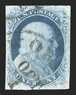 8A, 1c Blue, Ty. IIIa, position 100R2, the only position on plate 2 that produced both Ty. II and Ty. IIIa stamps, in the latter state of the position, such as this stamp shows,
the line at bottom displays a distinct break below C of CENT, a