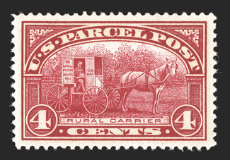 Q4, 4c Parcel Post, a most impressive mint example that is beautifully centered within extravagantly large margins, dazzling vivid color and a sharp impression on bright paper,
unblemished o.g., n.h., an extremely fine gem 2006 PSE certificate