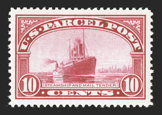 Q6, 10c Parcel Post, a striking mint example that is flawlessly centered within especially large margins all around, brilliant color and a well incised impression, unblemished
o.g., n.h., a superb gem for the most demanding collector 2010 PSE c