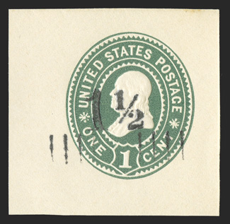 U488, 1½c on 1c Green on white, 41x41mm cut square, fresh and extremely fine.