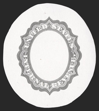 Turner Essay 17b, U.S.I.R. die essay of frame only for Lincoln issue, in Black on white glazed paper, cut to oval shape measuring approximately 47x52mm, very fine and most
unusual.