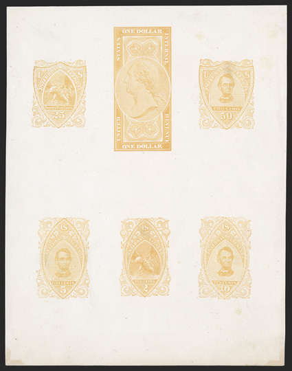 Turner Essay 230, 5c-$1.00 Orange, composite proof sheet of six different subjects (including the three Lincoln designs) on wove paper, comprised of Turner Types T, W, V, P, B
and R, measuring 168x215mm, bright color, two trivial shallow thins, f