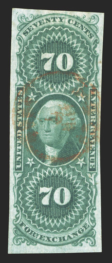 R65a, 70c Foreign Exchange, imperforate, pretty used single, large margins, deep rich color and a detailed impression, light red c.d.s. handstamped cancel, extremely
fine.