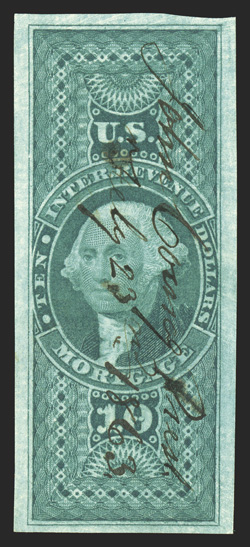 R95a, $10.00 Mortgage, imperforate, handsome used single, large margins all around, deeply rich color, neat 1863 ms. cancel, extremely fine 1982 and 2010 PF
certificates.